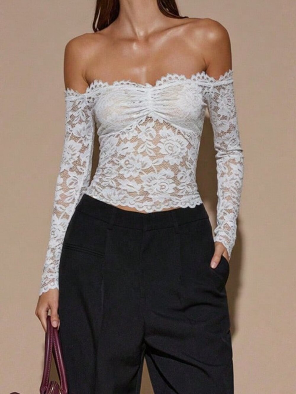 White Sheer Lace Women's Off-Shoulder Long Sleeve Top - Picture 4 of 6